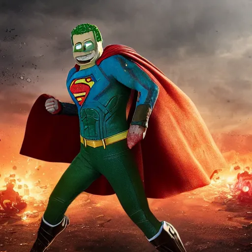 Image similar to pickle rick as superman! in gears of war, splash art, movie still, detailed face, photorealistic facial features, cinematic lighting, dramatic, octane render, long lens, shallow depth of field, bokeh, anamorphic lens flare, 8 k, hyper detailed, 3 5 mm film grain