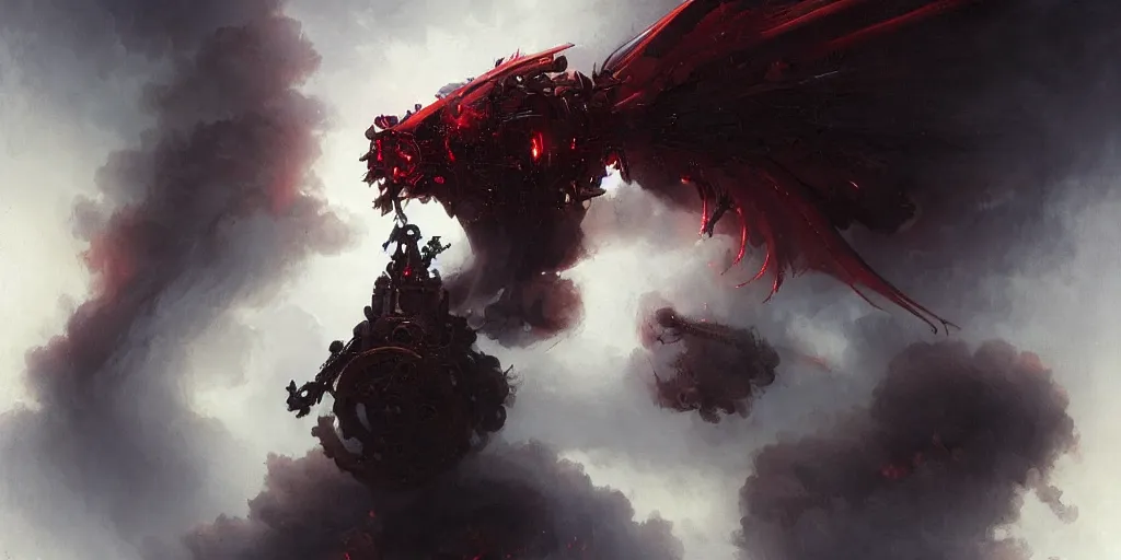 Image similar to profile of an angry mechanical steampunk cyborg devil red skin satan horns with white! angel wings flames and fire concept art greg rutkowski ivan aivazovsky