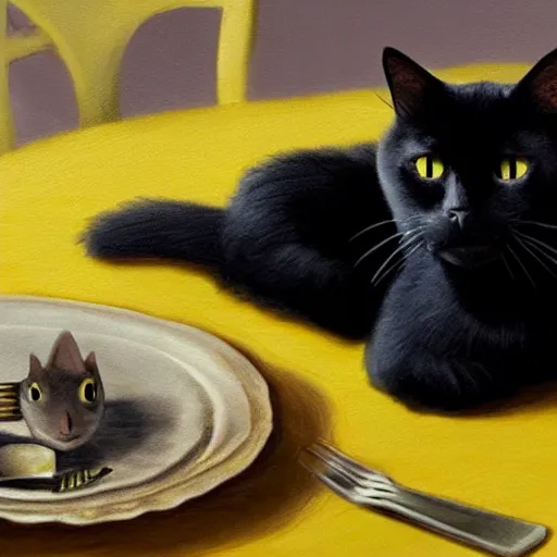 Image similar to a black cat with yellow eyes sitting at the table, eating a plate of mice using a knife and a fork, matte painting, photorealistic, oil painting, illustration