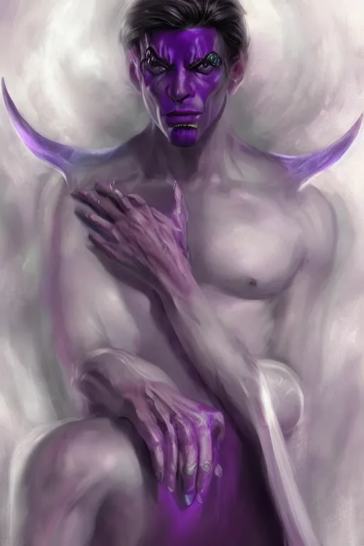 Image similar to male djinn man demon hybrid, portrait, concept art, purple cloak, single face, illustration, costume design, white spiral horns, editorial photo, fashion, hyperrealism, realism, trending on artstation, Charlie Bowater, WLOP