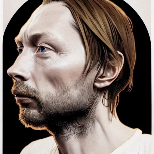 Image similar to hyper realistic, variations portrait of smooth very old thom yorke variations, strong variations, singer songwriter, ( side ) profile, liminal space, by lee bermejo, alphonse mucha and greg rutkowski, greybeard, smooth face