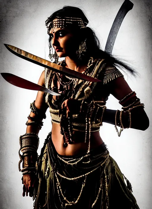 Prompt: vintage movie frame with Mia As indian rich warrior fights barbarians with glowing knifes , looks directly at camera, vertical composition, inspired by monster hunter and dark fantasy and fashion, beautiful body, clean brutal blooded symmetrical face, brutal bloody and sluty make up, epic,dramatic lighting, cinematic, establishing shot, extremely high detail, photorealistic, brutal, provocative , cinematic lighting, artstation, octane render, dark fantasy ,old photo, vintage, black and white, Boris vallejo, sepia, old photography, documentary photography