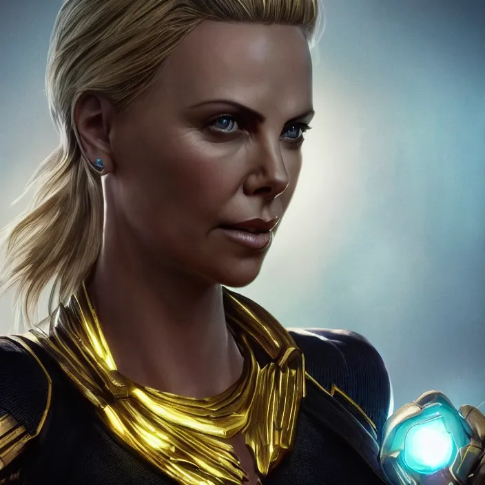 Image similar to portrait of ((Charlize Theron)), wearing The Infinity GAUNTLET. infinity gauntlet. intricate artwork. octane render, trending on artstation, very coherent symmetrical artwork. avengers. thanos. cinematic, hyper realism, high detail, octane render, 8k, iridescent accents