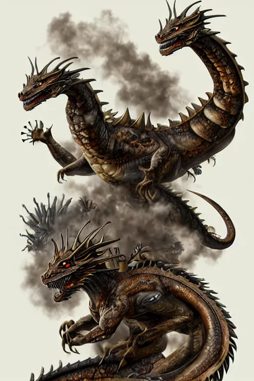 Prompt: hyper realistic dragon with steam punk tanks and tubes and breathing apparatus on its back, white background, full frame, art byjon foster