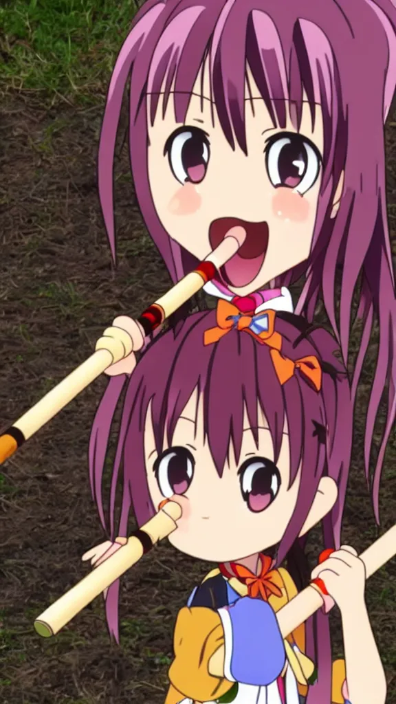 Image similar to Renge Miyauchi from non non biyori, chibi anime, excited expression, playing a recorder
