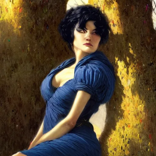 Prompt: portrait of a strong woman resting on a large tree, short black hair, thoughtful experssion, minimal dark blue clothing, sharp focus, ultra realistic digital painting, colorful, backlit, high fantasy, intricate, highly detailed, smooth, elegant, gaston bussiere, bayard wu, greg rutkowski