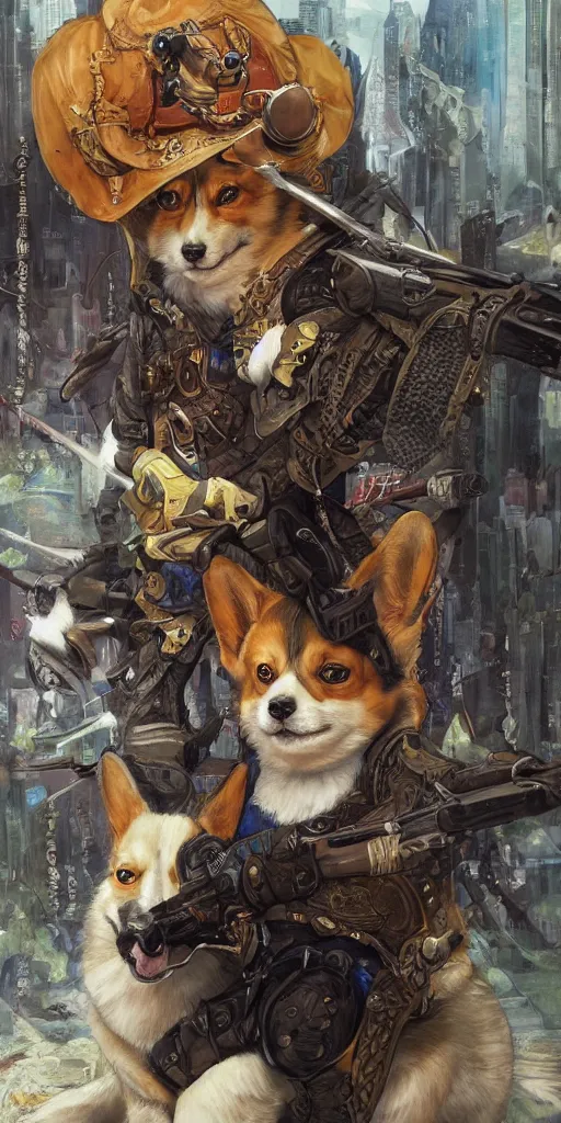 Prompt: beautiful portrait painting of fantasy corgi assassin chilling, by Stephen Hickman and James Gurney and Hiromasa Ogura. Trending on Artstation, 8k, masterpiece, graffiti paint, fine detail, full of color, intricate detail, Golden Ratio illustration