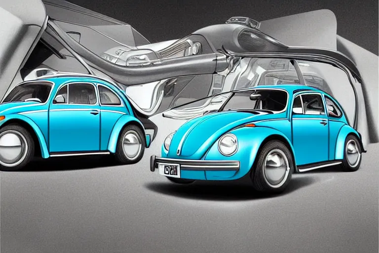 Prompt: Futuristic sinthwave magazine advertisement of the new Volkswagen Beetle with gullwing doors, retro futuristic illustration, hyper realistic, award winning advertising photo