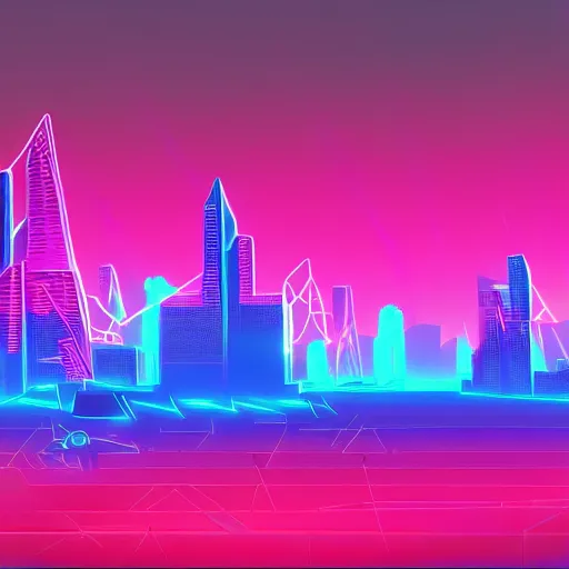 Prompt: synthwave future city with pink and blue neon lights, old down powerlines, with pyramids and silent hill fog