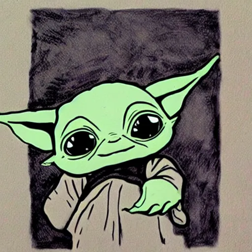 Image similar to baby yoda in the style of bill watterson.