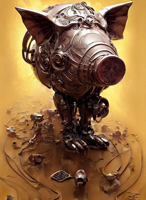 Image similar to robotic pig, d & d, wet, shiny, fantasy, intricate, elegant, extremely higly detailed, ultra definition, digital painting, artstation, anatomical perfection, baroque, one object, concept art, smooth, sharp focus, illustration, art by artgerm and greg rutkowski and alphonse mucha
