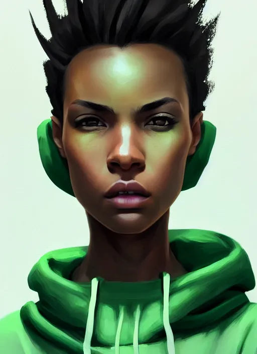 Image similar to photographic portrait of an handsome young black woman with a mohican haircut and green eyes in a back hoodie, broad lighting, elegant, highly detailed, digital painting, artstation, concept art, sharp focus, star wars, illustration, art by makoto shinkai
