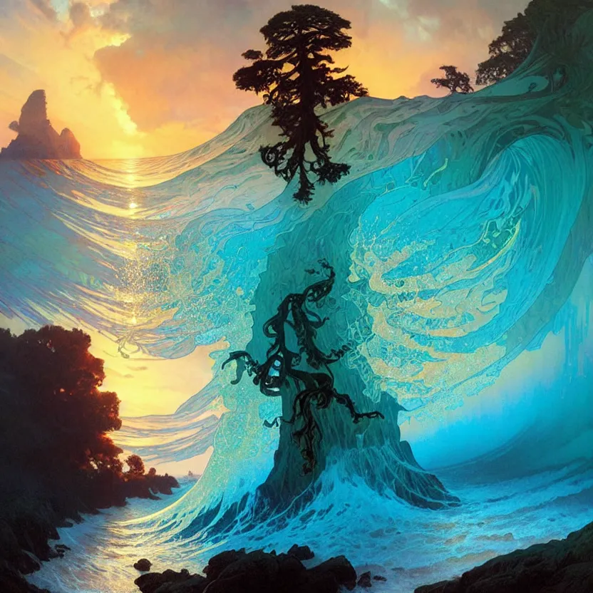 Image similar to ocean wave around ancient sequoia tree, lsd water, dmt ripples, backlit, sunset, refracted lighting, art by collier, albert aublet, krenz cushart, artem demura, alphonse mucha