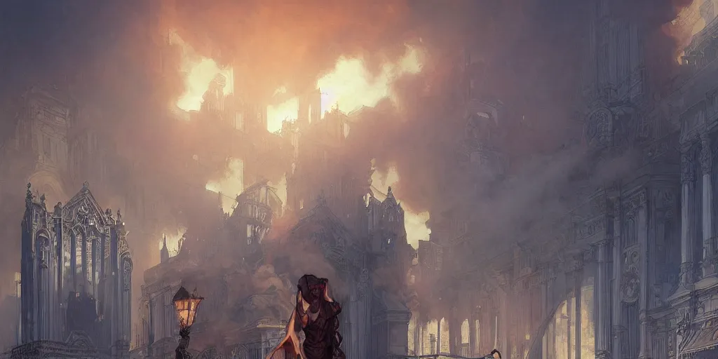 Prompt: portrait of a pipe organ facade surrounded by smoke, battle damage, sunset glow around head, full body portrait, intricate, elegant, highly detailed, digital painting, artstation, concept art, smooth, sharp focus, illustration, art by artgerm and greg rutkowski and alphonse mucha, background is a city in ruins, no people