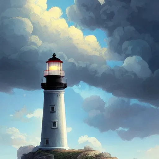 Prompt: a lighthouse flying in the sky,clouds surround it,digital art,hyperdetailed,art by greg rutkowski,trevor henderson and rossdraws,photorealistic,incredible detailed,western comic style,2021,trendimg on artstation,deviantart