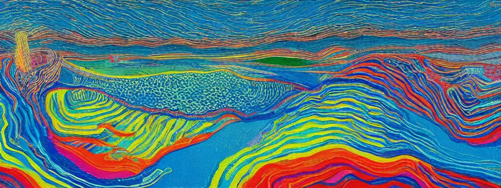 Image similar to Psychedelic sci-fi dreamworld. Landscape painting. Organic. Winding rushing water. Waves. Clouds. Wayne Thiebaud. David Hockney.