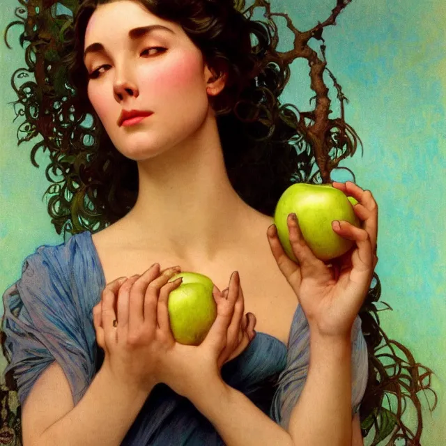 Image similar to an aesthetic! detailed close - up portrait of an aesthetic woman crying mournfully while holding an apple, by frank frazetta and alphonse mucha, oil on canvas, bright colors, art nouveau, epic composition, dungeons and dragons fantasy art, hd, god - rays, ray - tracing, crisp contour - lines, huhd - 8 k