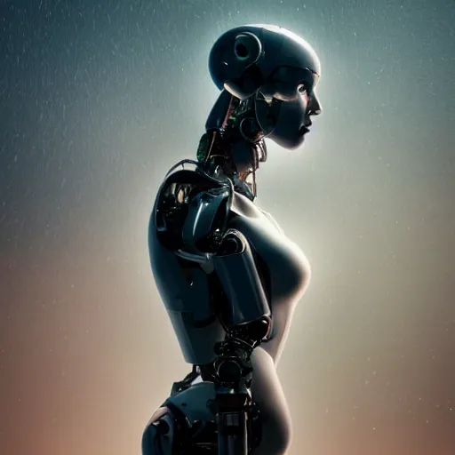 Prompt: Masterpiece full body portrait of a beautiful female cyborg with a beautiful face and flawless skin whose head, chest, and pelvis are flesh, and the rest of her body is robotic, in a surreal dream landscape, eerie fog, cinematic lighting, 8k