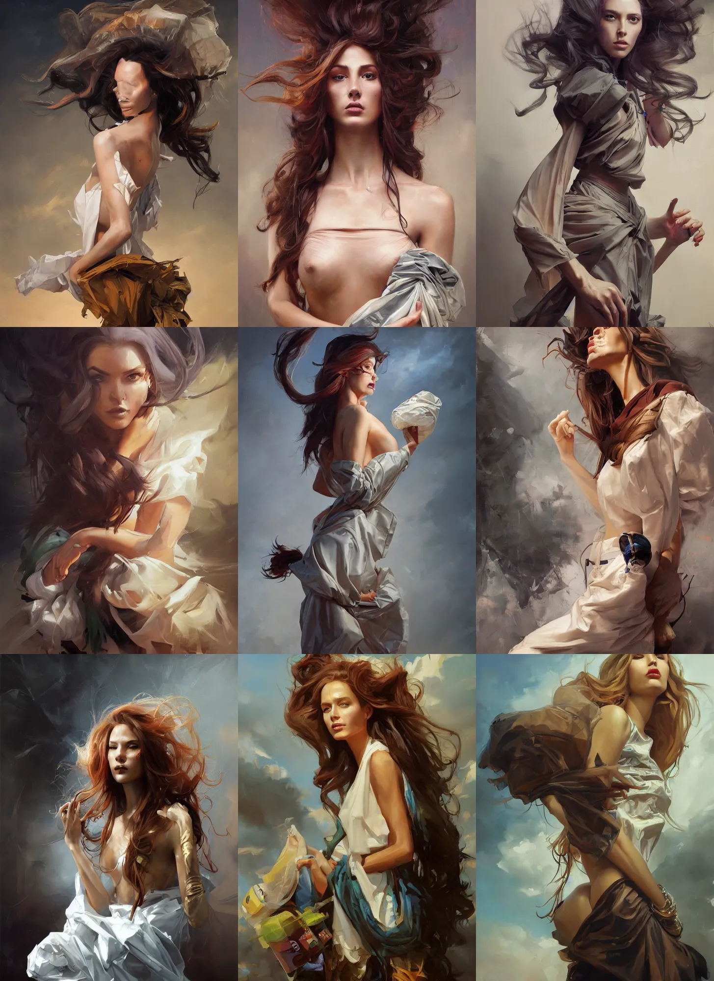 Image similar to fine art portrait oil painting of a beautiful woman with long hair wearing a garbage bag for clothes, perspective, ultra detailed, elegant, intricate, dynamic lighting, hyperrealism, sharp focus, art by peter mohrbacher and greg manchess and andrei riabovitchev