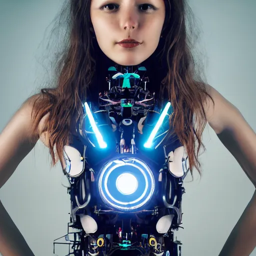 Prompt: beautiful Fine art photography of a solarpunk half robot half human girl with real human face, led lights over rib cage, highly detailed, photorealism, cinematic lighting 8k
