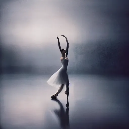 Image similar to portrait of a ballerina with a beautiful porcelain face, rain, cinematic light and reflections, beautiful dreamy lighting, photographed by annie leibovitz,