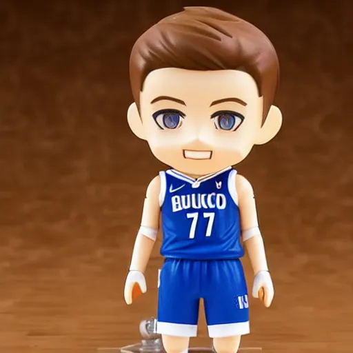 Prompt: luka doncic as nendoroid, blue dress with number 7 7!, kodak film