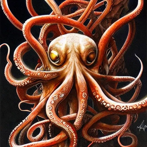 Image similar to tentacles, octopus, drawn by karol bak