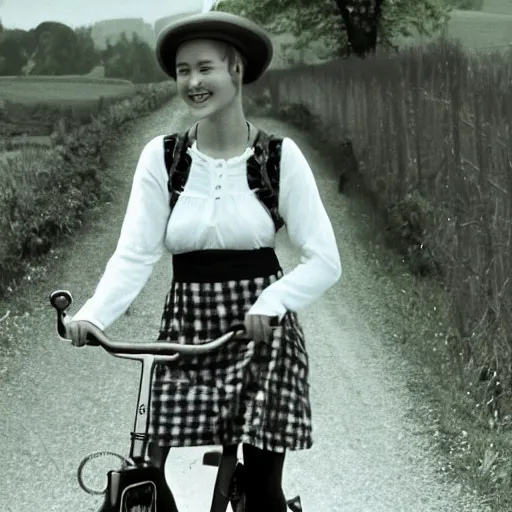 Image similar to a shy young woman is seen riding her bicycle while posing for a photograph in the 1 9 9 0 s on a rural road. she's dressed in a vintage alpine dirndl, a wool cardigan, brogue - style shoes, and bobby socks.