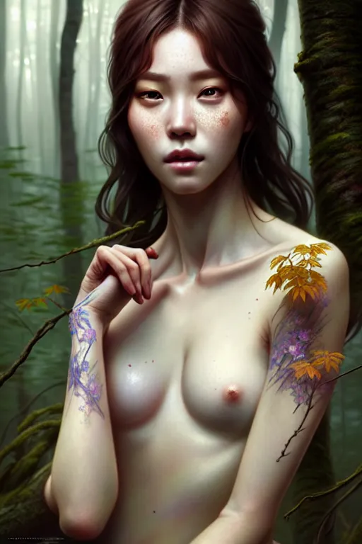 Image similar to beautiful digital painting of a hoyeon jung stylish female forest with high detail, real life skin, freckles, 8 k, stunning detail, works by artgerm, greg rutkowski and alphonse mucha, unreal engine 5, 4 k uhd