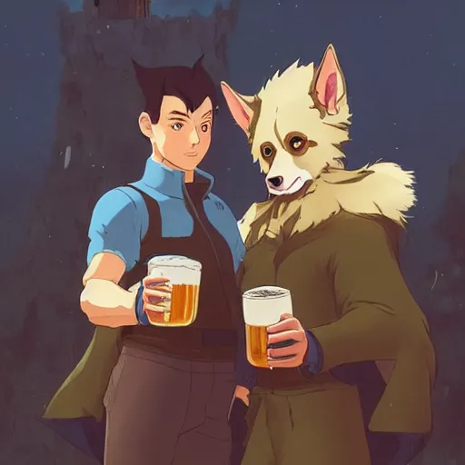 Image similar to a two german shepherds beast - men, holding a mug of beer, a lot of pockets, fur cape, tavern background, magical, bright, colorful, fantastic lighting, amazing details, 4 k uhd, illustration by hayao miyazaki and makoto shinkai and ilya kuvshinov, artstation, pixiv,