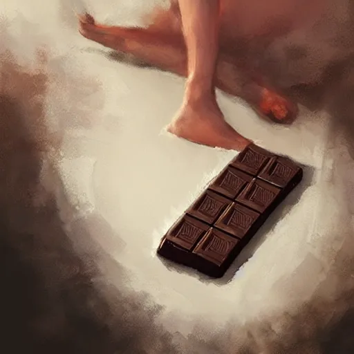 Image similar to a fish laying on top of a chocolate bar. soft, atmospheric, warm lighting. highly detailed digital painting by mandy jurgens.