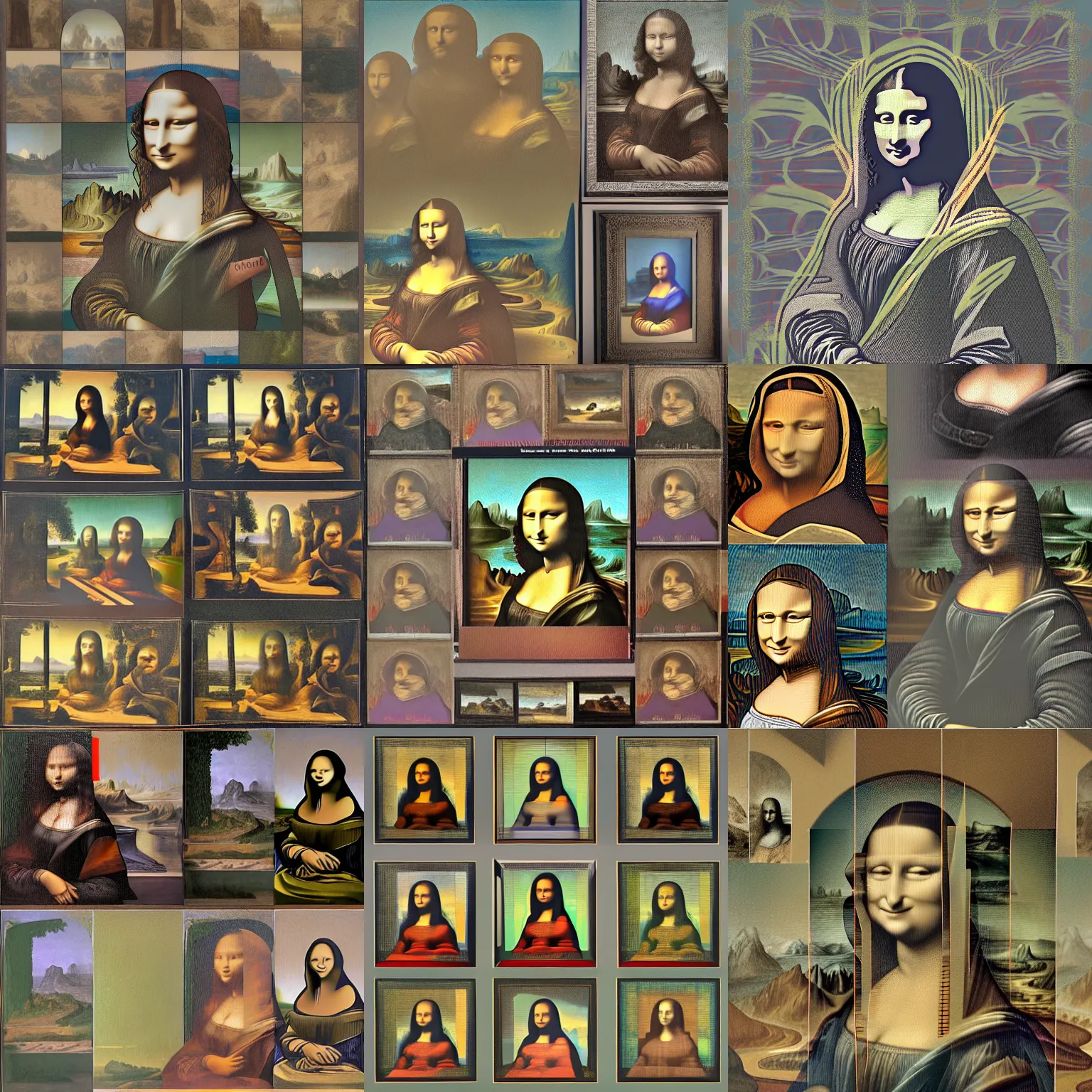 Prompt: picture divided into four equal areas. each area contains a different image of of The Mona Lisa by various painters