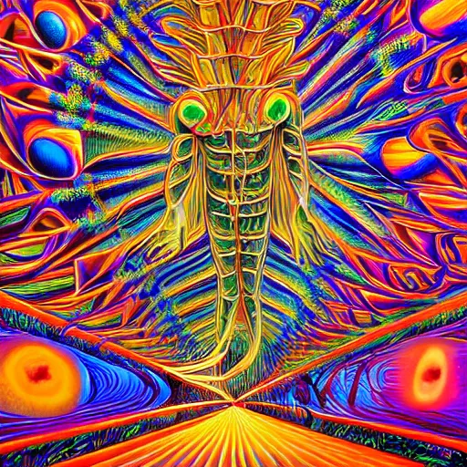 Image similar to tripping on psychedelic mushrooms in vegas, by Alex Grey, highly detailed painting