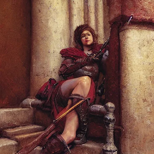 Image similar to a medieval guard woman, relaxing after a fight, candid and worn out, fantasy character portrait by gaston bussiere, craig mullins