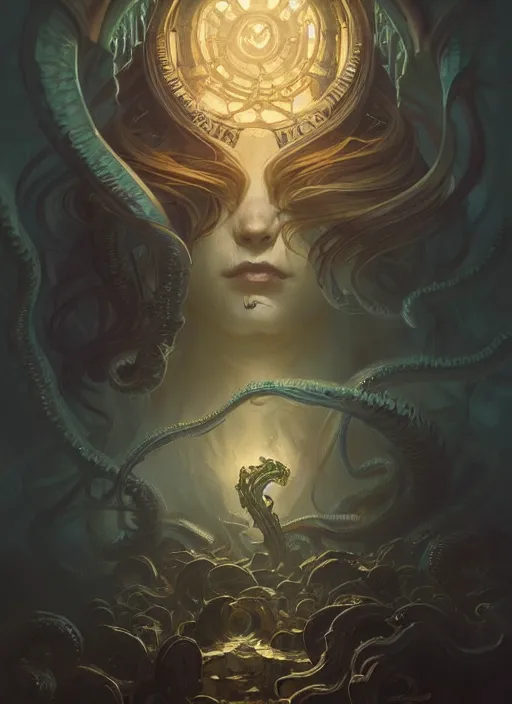 Image similar to lovecraftian atmosphere, deep focus, d & d, fantasy, intricate, elegant, highly detailed, digital painting, artstation, concept art, matte, sharp focus, illustration, hearthstone, art by artgerm and greg rutkowski and alphonse mucha