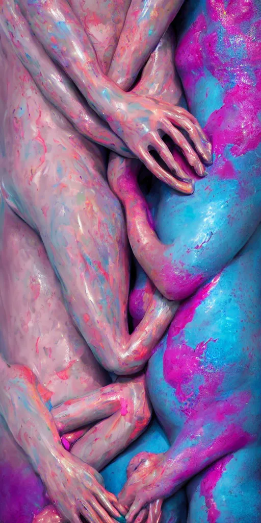 Image similar to closeup photograph of a surrealist sculpture human bodies intertwined, a lovely cornucopia of flowers and human body parts, body parts, paint pour, swirling paint, pink blue and purple color scheme, muted color palette, skin tones, highly detailed, octane render, cinematic