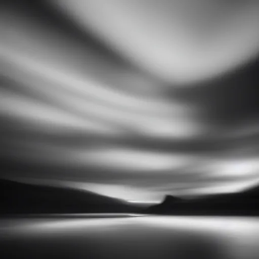 Image similar to minimalist black and white photograph, of an icelandic canyon, time exposure, of a river, in the style of denis villeneuve