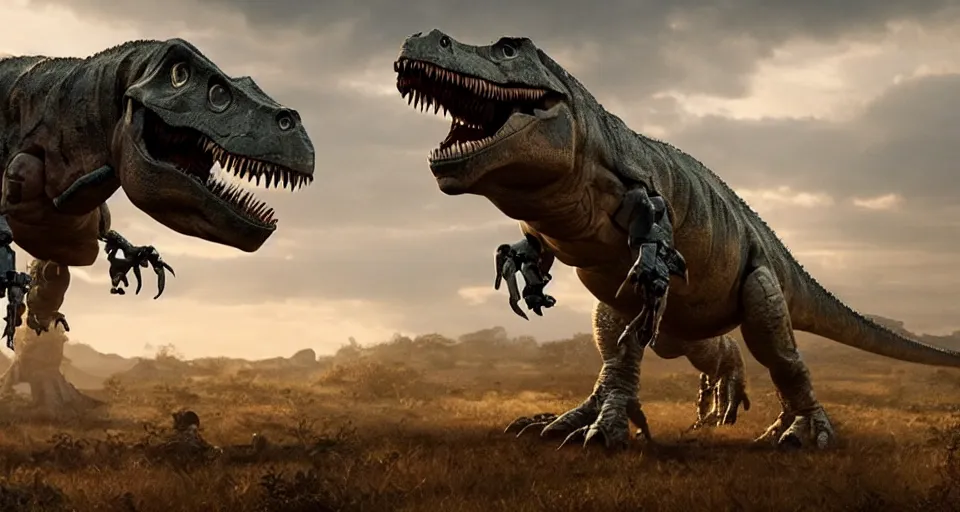 Image similar to movie still of dinosaur mecha, directed by neil blomkamp, soft lighting, cinematic lighting, film grain, very high detail, dramatic composition,