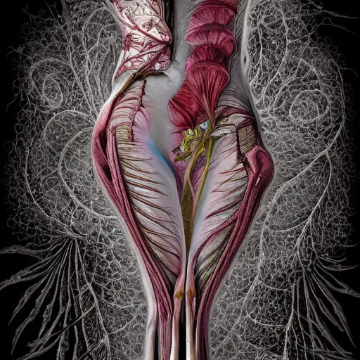 Image similar to a beautiful detailed photo of a rotten woman corpse slash in a half morphing into fractal plants and fractal flowers and mushrooms, muscles, veins, anatomical, intricate, ornate, volumetric light, beautiful lit, romero ressendi