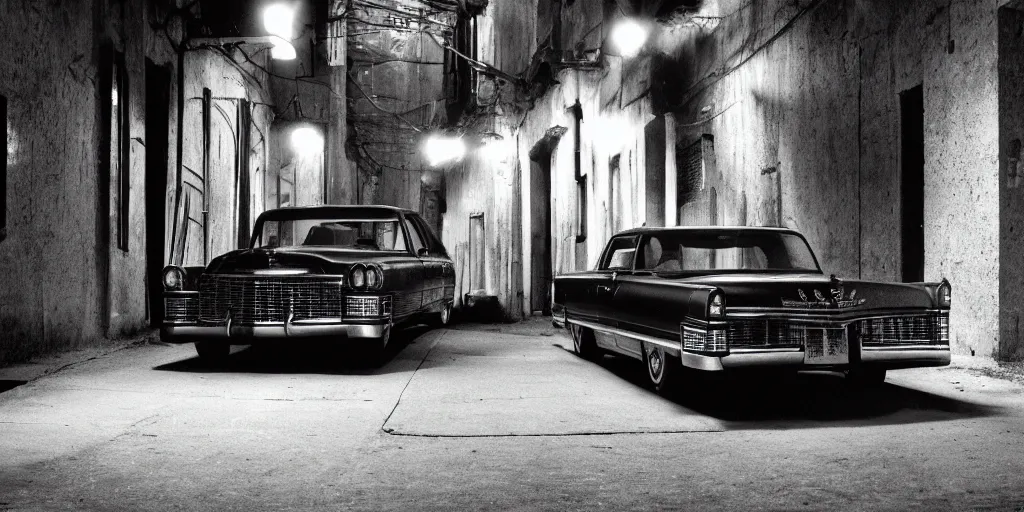 Prompt: a widescreen photo of a old dubbledecker cadillac in a dark alley, low light, by steve mccurry