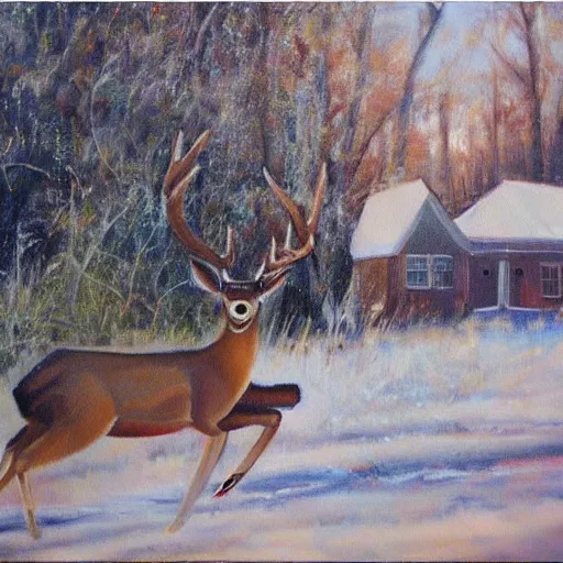 Image similar to “deer by a house oil panting”