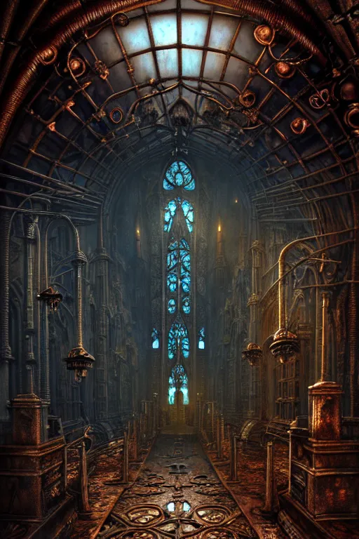 Image similar to steam necropolis, memento mori, gothic, neo - gothic, art nouveau, hyperdetailed copper patina medieval icon, stefan morrell, philippe druillet, ralph mcquarrie, concept art, steampunk, unreal engine, detailed intricate environment, octane render, moody atmospherics, volumetric lighting, ultrasharp, ominous, unearthly