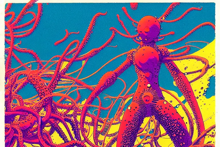 Image similar to risograph grainy drawing vintage sci - fi, satoshi kon color palette, gigantic gundam full - body covered in iridescent dead coral reef 1 9 6 0, kodak, with lot tentacles, natural colors, codex seraphinianus painting by moebius and satoshi kon and dirk dzimirsky close - up portrait