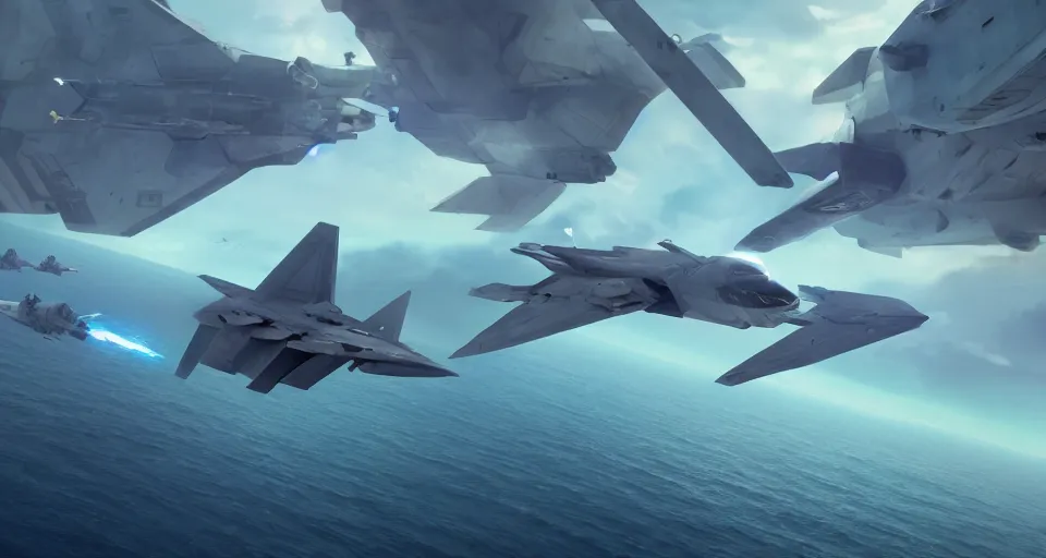 Image similar to An INTENSE future style aerial DOGFIGHT, combat over the ocean, Battle, futuristic F-22 Raptor, rendered by simon stålenhag, rendered by Beeple, Makoto Shinkai, syd meade, environment concept, digital art, gundam style, starwars, unreal engine, 3 point perspective, WLOP, trending on artstation, low level, 4K UHD image, octane render,