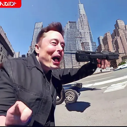 Image similar to bodycam footage of elon musk going crazy pointing a weapon at the sky, new york streets, wide angle, fisheye, uhd, 4 8 0 p, bodycam, paparazzi, bad quality