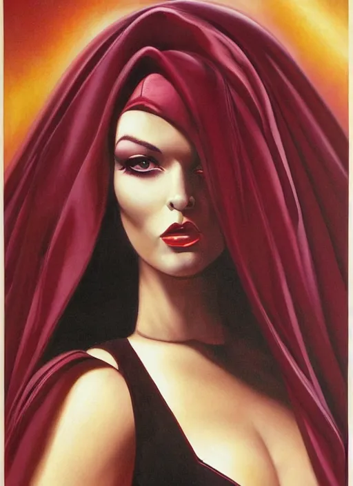 Image similar to portrait of plump norse goddess of the moon, maroon and black robe and veil, strong line, deep color, beautiful! coherent! by boris vallejo