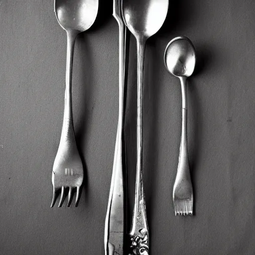 Prompt: fork, spoon and knife, photograph