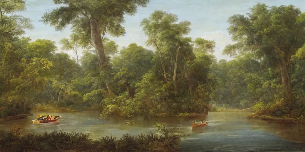 Image similar to painting of a river in the jungle with a small boat in the distance