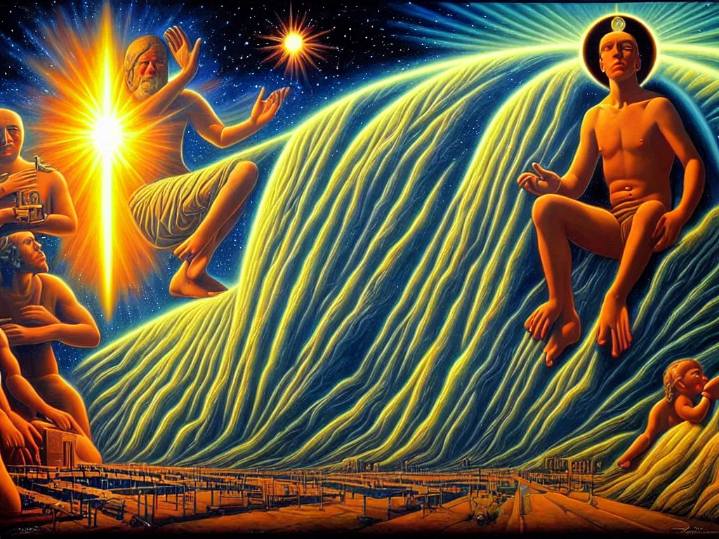 Prompt: a beautiful future of divine human spiritual evolution, by david a. hardy, wpa, public works mural, socialist