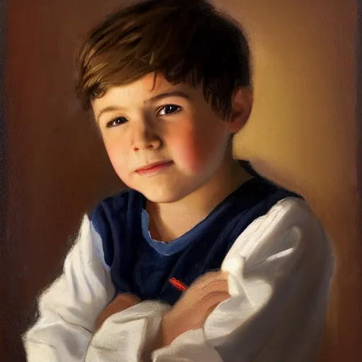 Prompt: Portrait of a young boy looking at the camera. The boy has brown and curled hair, his eyes are just two black dots. The boy is wearing a white pajamas with long sleeves. Dark bright effect. The background is dark and a beam of light illuminates the boy. A painting by Dean Cornwell.